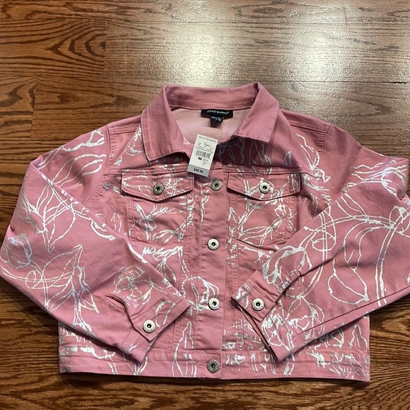 ASHLEY STEWART metallic foil floral etching /pink cropped trucker jacket 10/12 - Picture 12 of 13